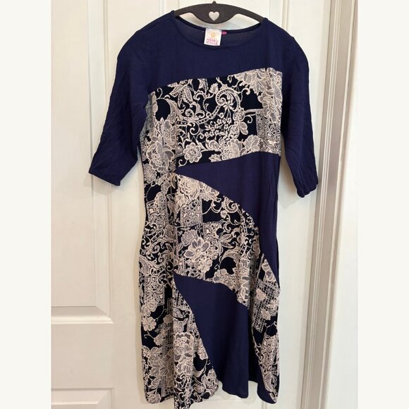 Neeru Kumar Navy & Ivory Patchwork Floral Dress Size Medium - Picture 1 of 10